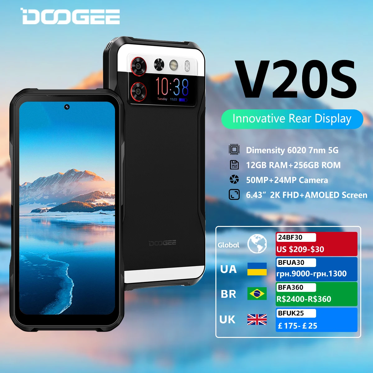 [World Premiere] DOOGEE V20S 5G Rugged Smartphone Dimensity 6020 Octa Core 6.43” AMOLED Dual Display 12GB+256GB 50MP AI Camera