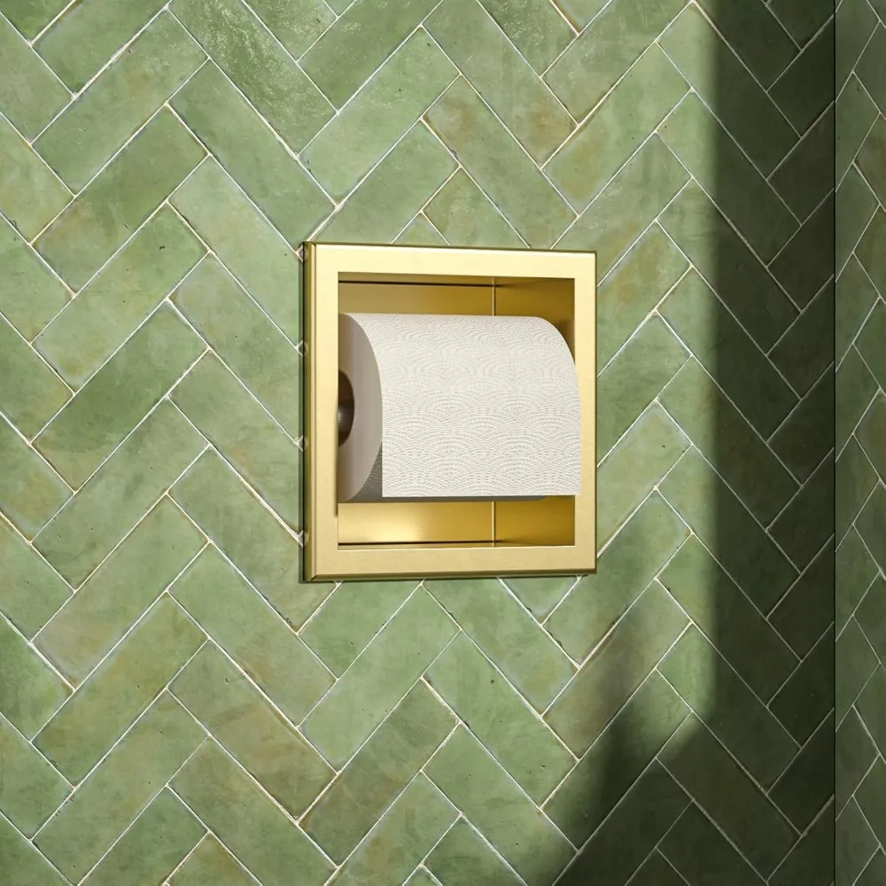 

Bathroom Wall-Mounted Toilet Paper Holder - 304 Stainless Steel Recessed Tissue Dispenser in Gold