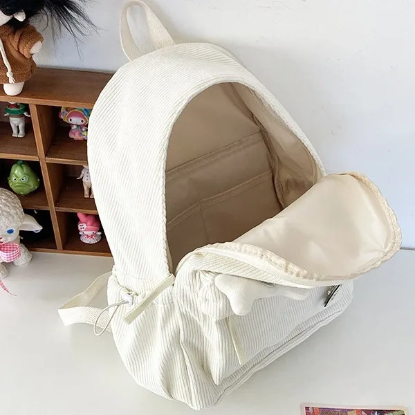 New in Corduroy College Style Backpack for Women Ins Style Large Capacity Cute Bone Pendant Star Hook Loop Daily Commute Bag