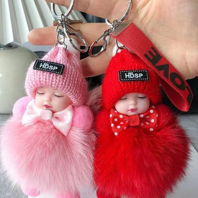 Sleeping Baby Keychain Cute Fluffy Plush Doll Keychains Women Girl Bags Pendant Cars Key Ring Backpack Decoration Gift