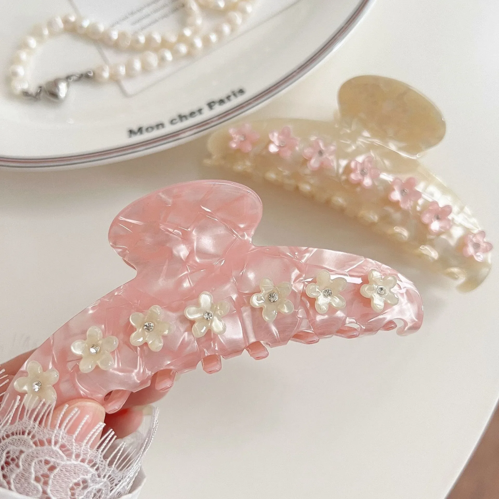

New Rhinestone Pink Flower Hair Claw Acetate Sweet Large Claw Clips Korean INS Fairy Hair Clip for Women Girls Hair Accessories