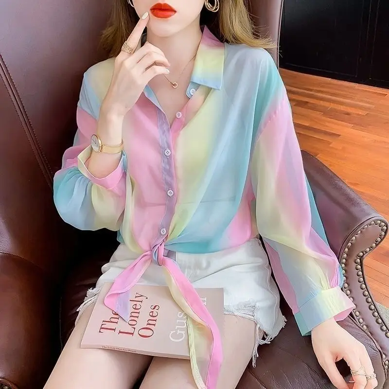 Thin Chiffon Shirt Women\'s Lace Up Cardigan 2024 Summer Outfit New Long Sleeve Sun Protection Shirt Air Plus Size Top Women