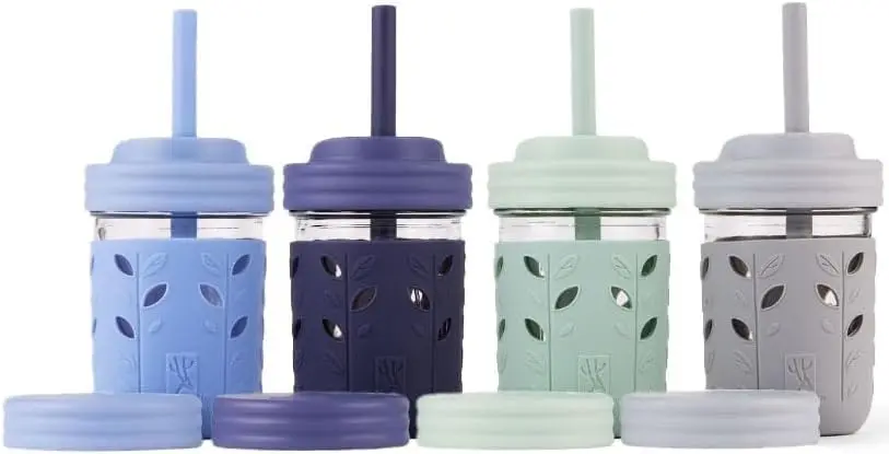 

Kids Glass Cups with Sleeves & Lids, 8oz Mason Jars, Silicone Straws, Spill Resistant, Dishwasher Safe - 4 Pack