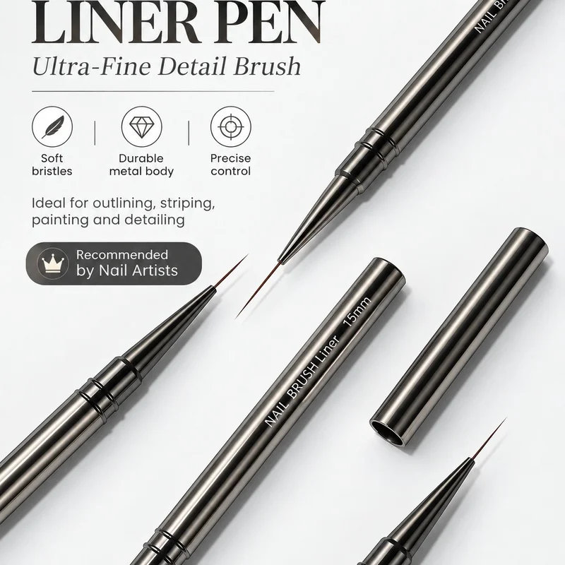 Ultra‑Fine Nail Liner Brush 6‑18mm Metal Handle With Cap For Striping Floral Line Drawing Gel Polish Manicure Nail Art Tools