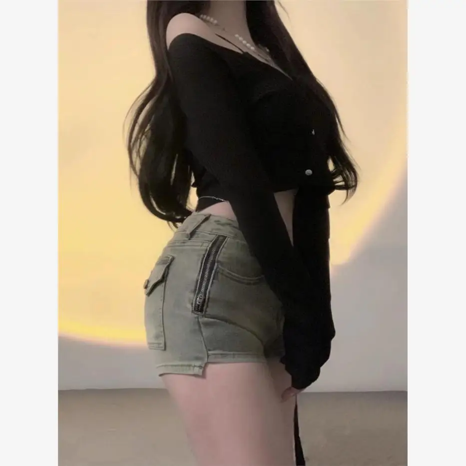 High Waist Side Zipper Short Shorts Women's Denim Tight Fit Summer New Style Elastic Retro Hot Pants Trendy Cotton Stretch Denim