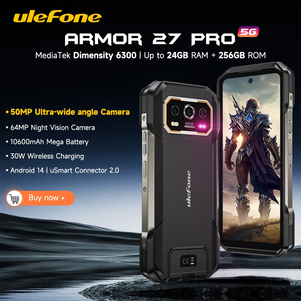 【2024 New】Ulefone Armor 27 Pro 5G Rugged Phone 10600mAh Smartphone Android 14 50MP+64MP Night Vision Cam Up to 24GB+256GB NFC