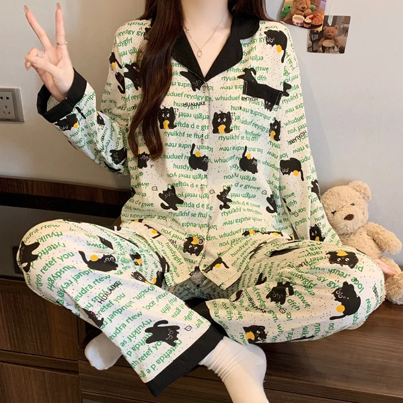 

New Women Autumn Pajamas Sets Sleepwear Long Sleeve Lapel Vintage Cartoon Cat Letter Print Homewear Female Leisure Loungewear