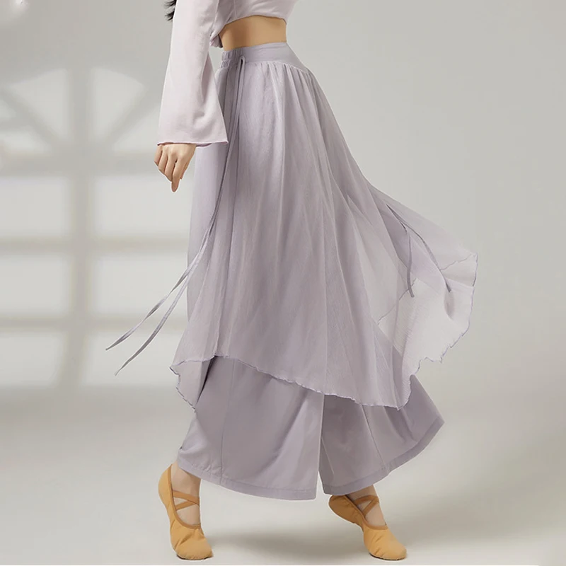 Women Chiffon Double Layer Wide Leg Modern Dance Pants Waist Ribbon Flowy Breathable Classical Dance Practice Trousers Adult