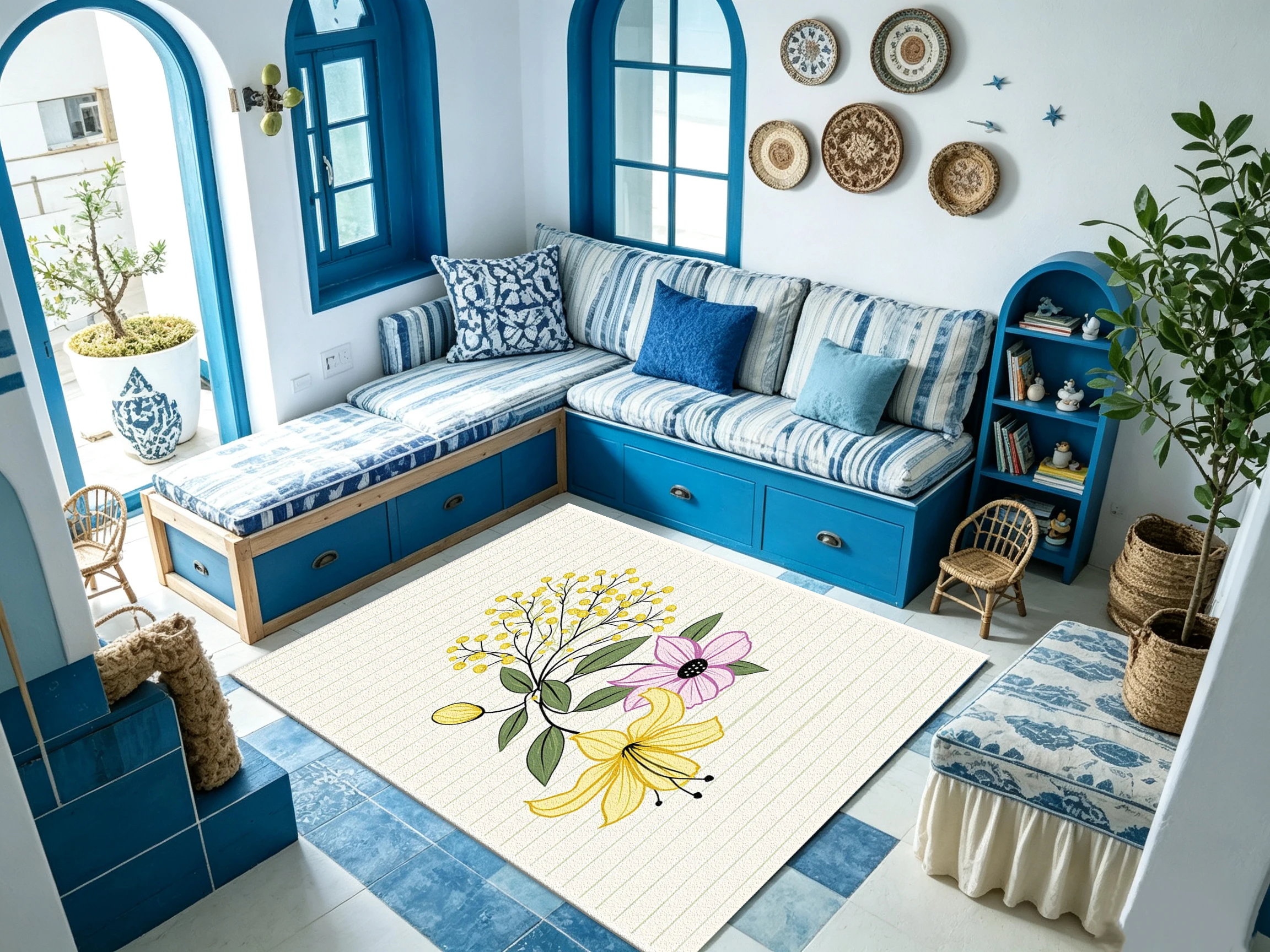Hand-Painted Yellow and Purple Wildflower Carpet, Soft Plant Patterns, Suitable for Living Room, Bedroom, Home Decoration