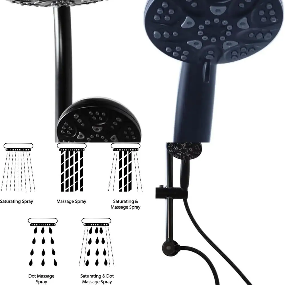 

Matte Black 5-Function Slide Shower Bar with Diverter, Fixed Head, Hand Shower, 5 Ft Hose