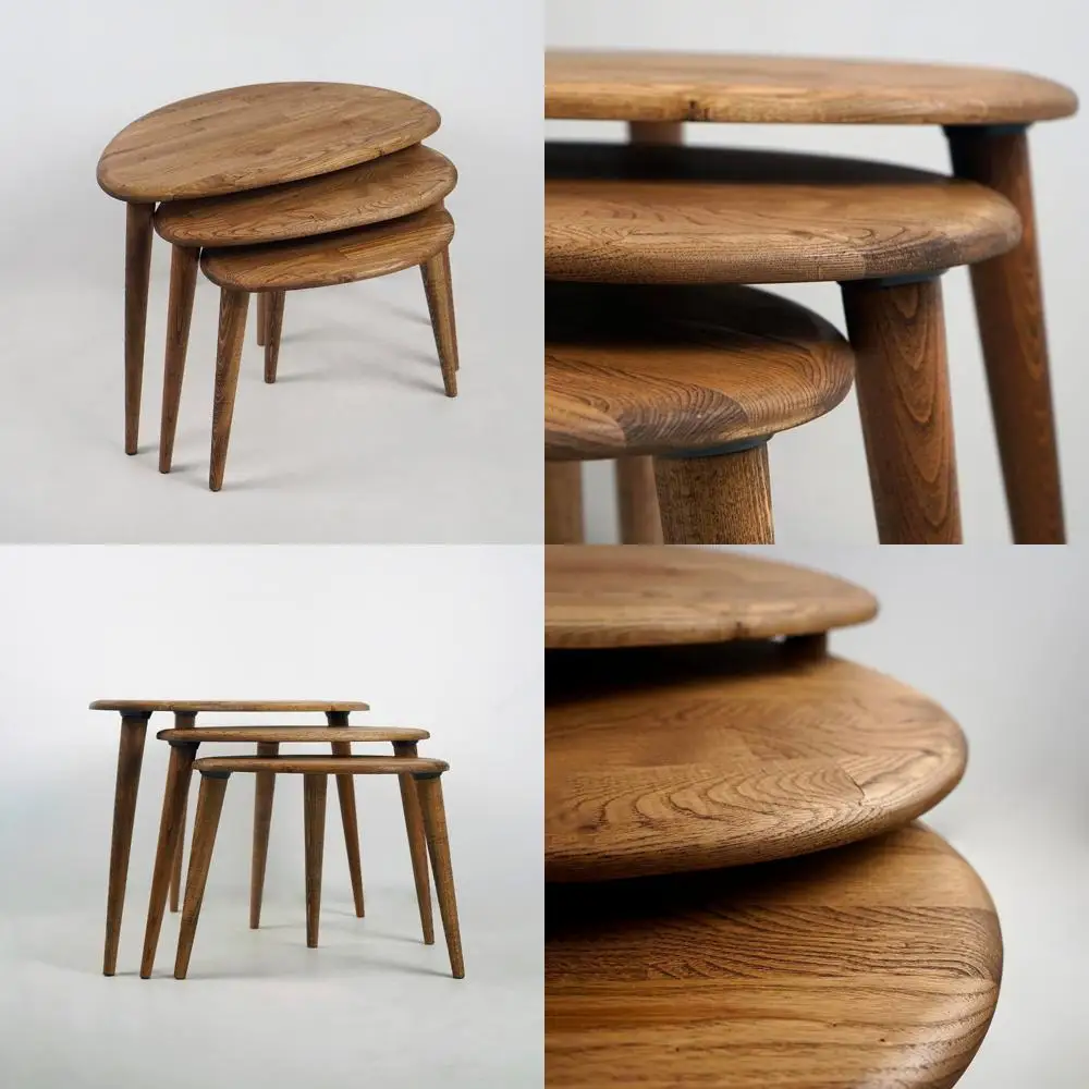 Mid Century-Inspired Chestnut Solid Nesting Tables Trio with Tapered Wooden Legs - Retro Wooden Home Furniture