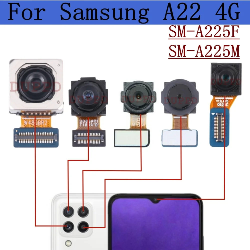 Front Rear Camera For Samsung Galaxy A22 4G A225F A225M Back Wide Macro Depth Main Camera Module Flex Cable Replacement