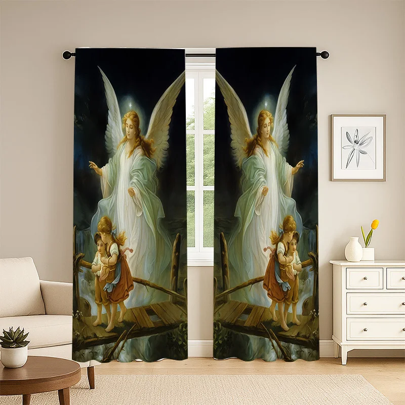Guardian Angel Curtain, Classical Religious Art Print Drape, Ethereal Winged Figure Decor, Spiritual Home Textile, Vintage Style