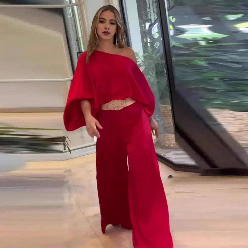 Women Commuter Suit Elegant 3d Rose Print Women's Top Pants Set with One Shoulder Design Bat Sleeve Blouse High Waist for Ol