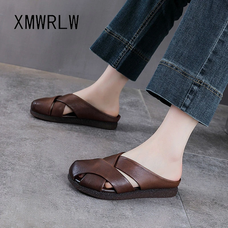 

XMWRLW 2026 Женские шлепанцы из натуральной кожи, летняя обувь в ретро-стиле, женские плоские тапочки, летние нескользящие женские шлепанцы