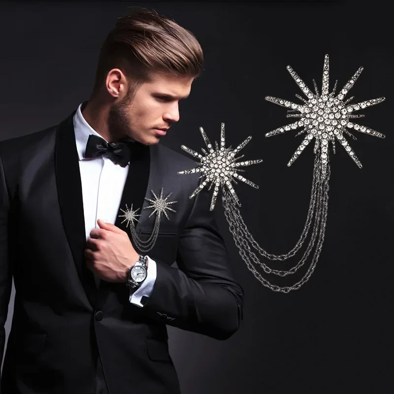 Vintage Kristall Stern Schneeflocke Brosche für Männer Quaste Kette Abzeichen Mode Anzug Anstecknadeln Elegante Schmuck Zubehör – Detail 1