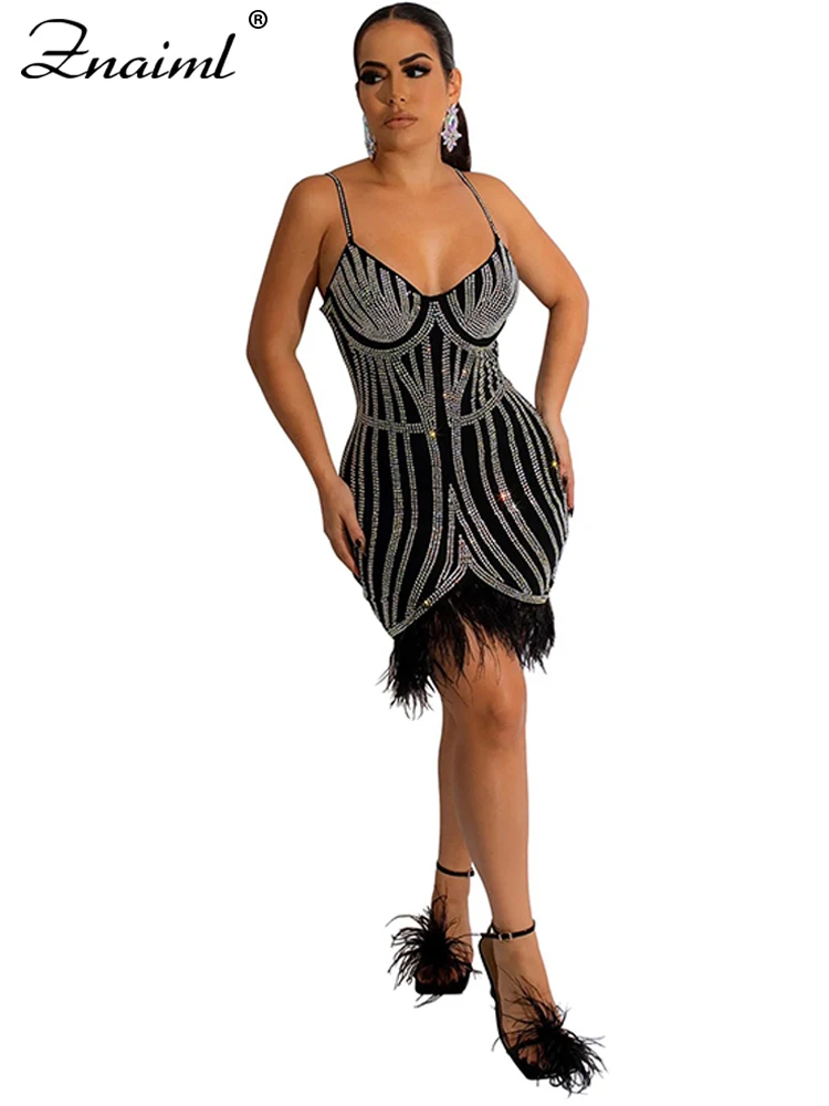 Znaiml luxo festa clube baile de formatura mini vestido feminino sexy strass pena preta borla hem cinta espaguete bodycon aniversário robe