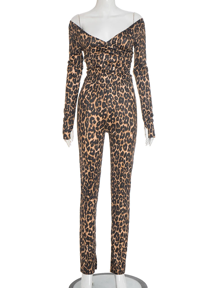 Kliou Set da 2 pezzi con stampa leopardata Donna con spalle scoperte Top a maniche lunghe con scollo a V profondo + Pantaloni dritti a vita alta Abiti di moda sexy