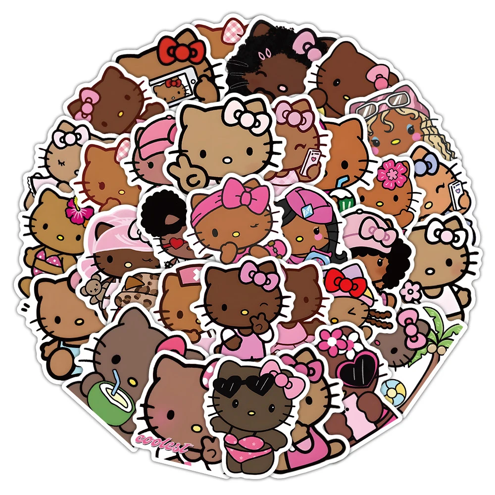 10/30/56 Uds. Pegatinas de Hello Kitty de piel negra bonita de dibujos animados, calcomanías de Anime Sanrio, juguete DIY, papelería, maleta para guitarra, pegatina para regalo para niños