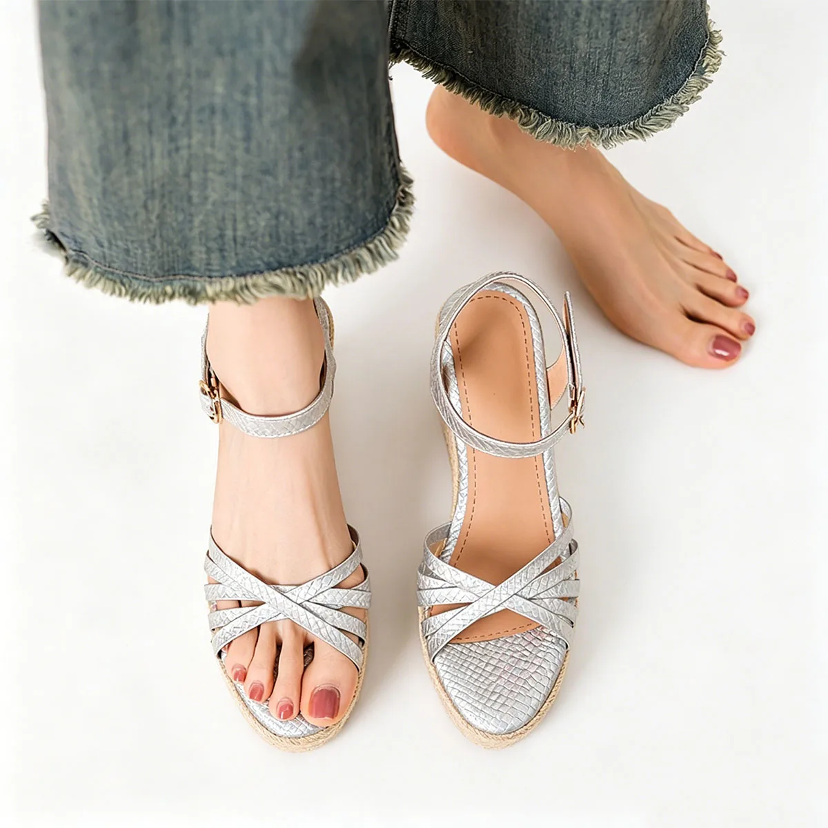 Arden Furtado Summer Embossed Microfiber Straw Weaving Wedges Sandals Round Toe Platform Super High Heel One Word Buckle