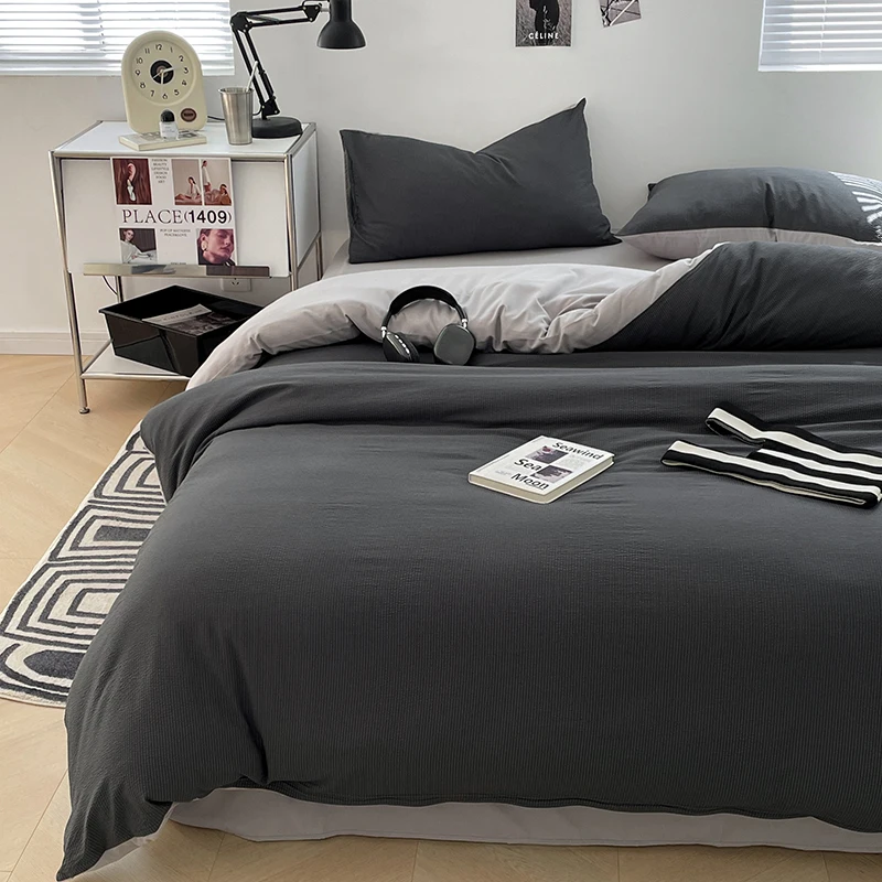Ultra Soft Brushed Microfiber Seersucker Comfortable Lightweight 3Pcs Comforter Cover Zipper Dark Grey Duvet cover +2Pillowcases