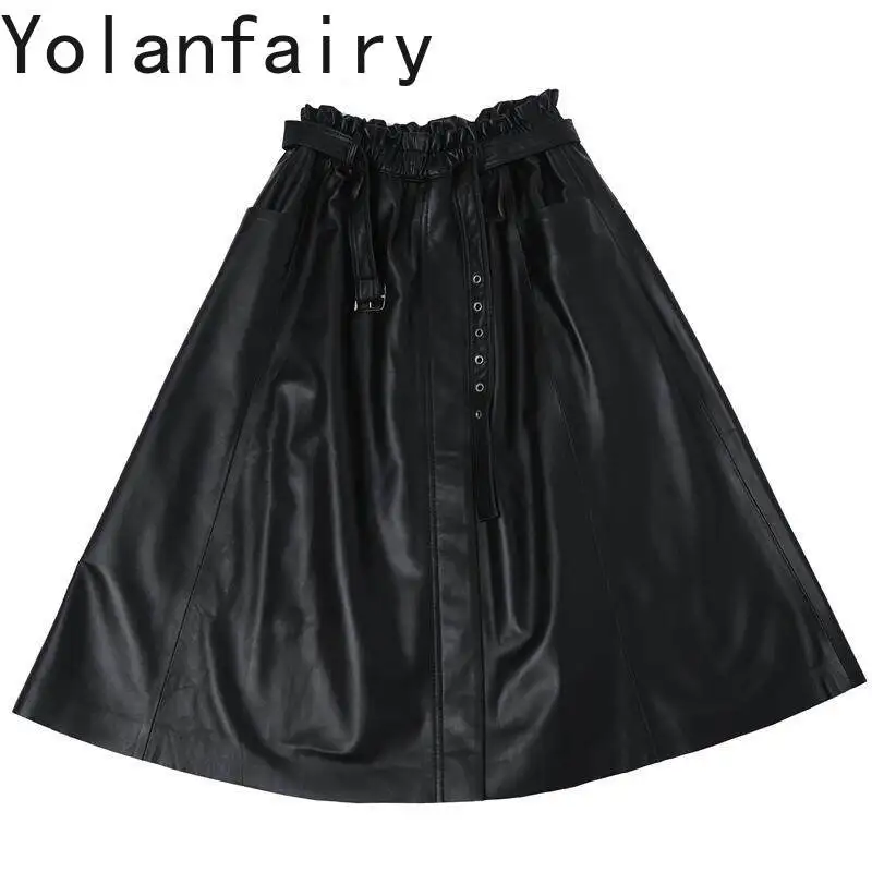 YOLANFAIRY Real Leather Skirts for Women Big Swing 2026 Autumn Black Genuine Sheepskin Elastic Waist Umbrella Skirt Long Black