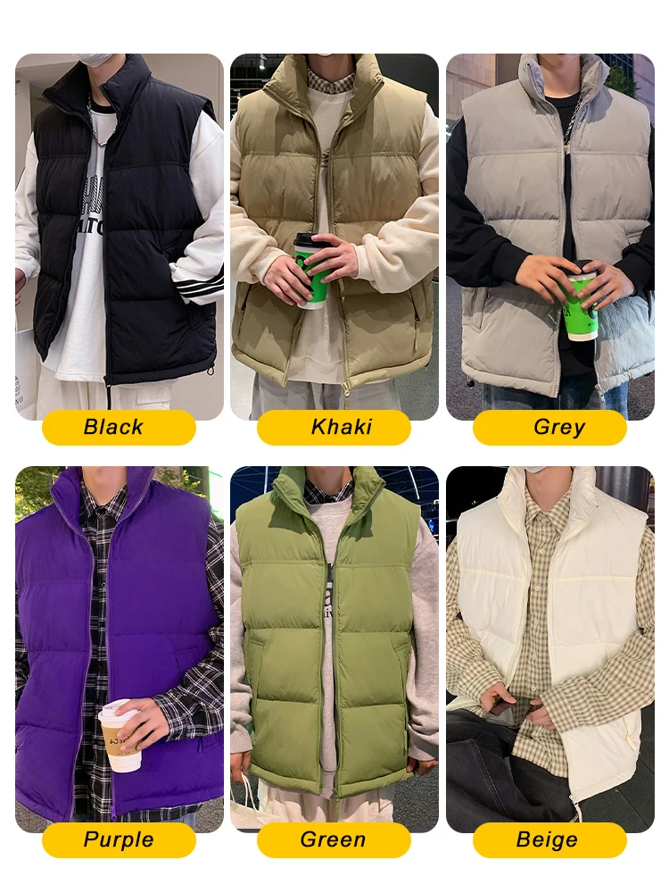 Winter Korean Men\'s Vests Stand Collar Zip Pockets Silk-Like Cotton Padded Sleeveless Waistcoat Jacket Thick Thermal Gilet Coats