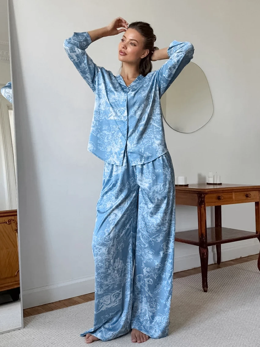 

Marthaqiqi Printing Female Sleepwear Suit Long Sleeve Pajamas Crop Top Nightie Turn-Down Collar Nightwear Pants Nightgowns Sets
