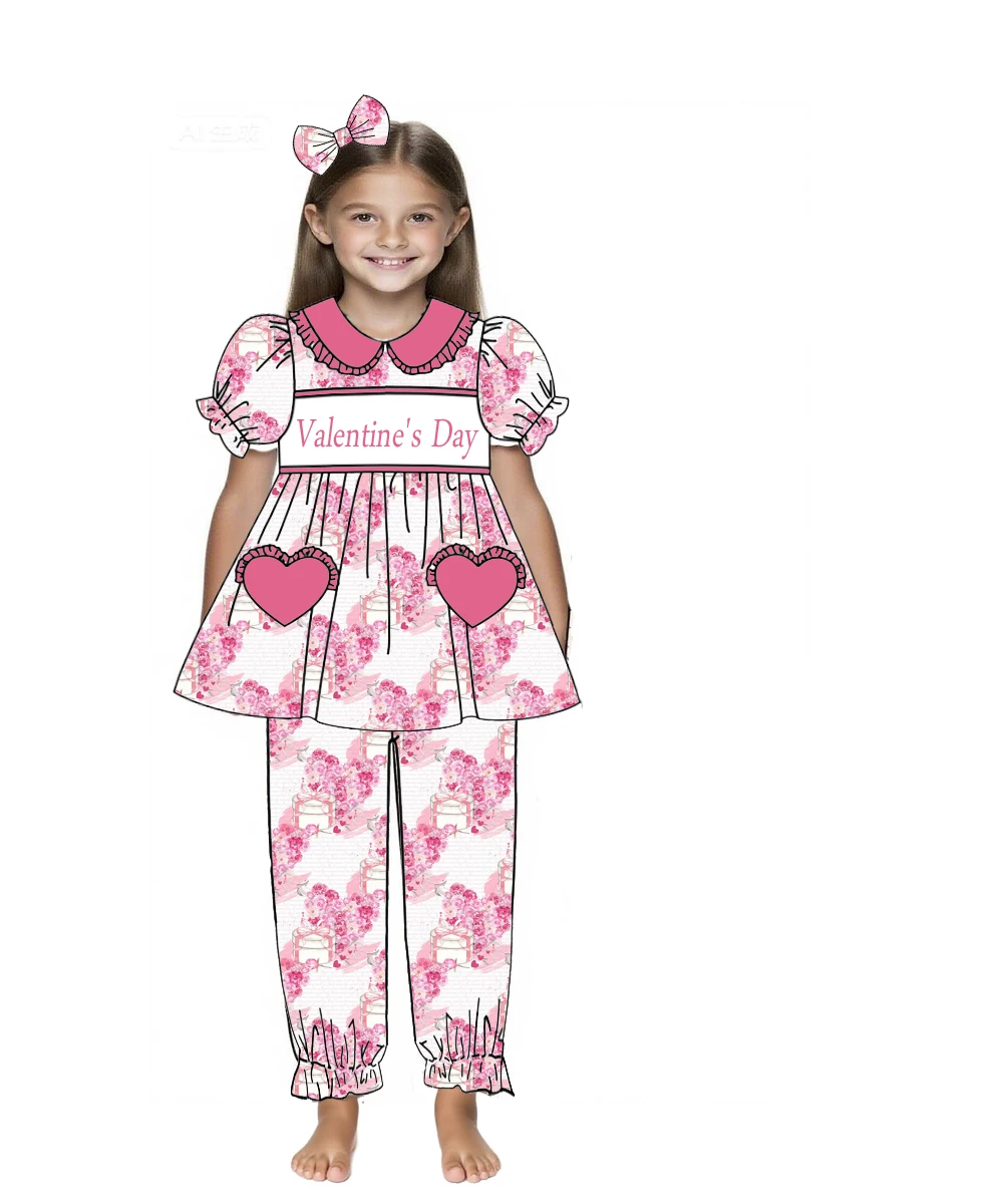 

Valentine's Day boutique Baby Girl Pajama 2 Piece Set Short Sleeved Long Pants Collared Set Girls Suit Age 2 Ruffles kids pjs