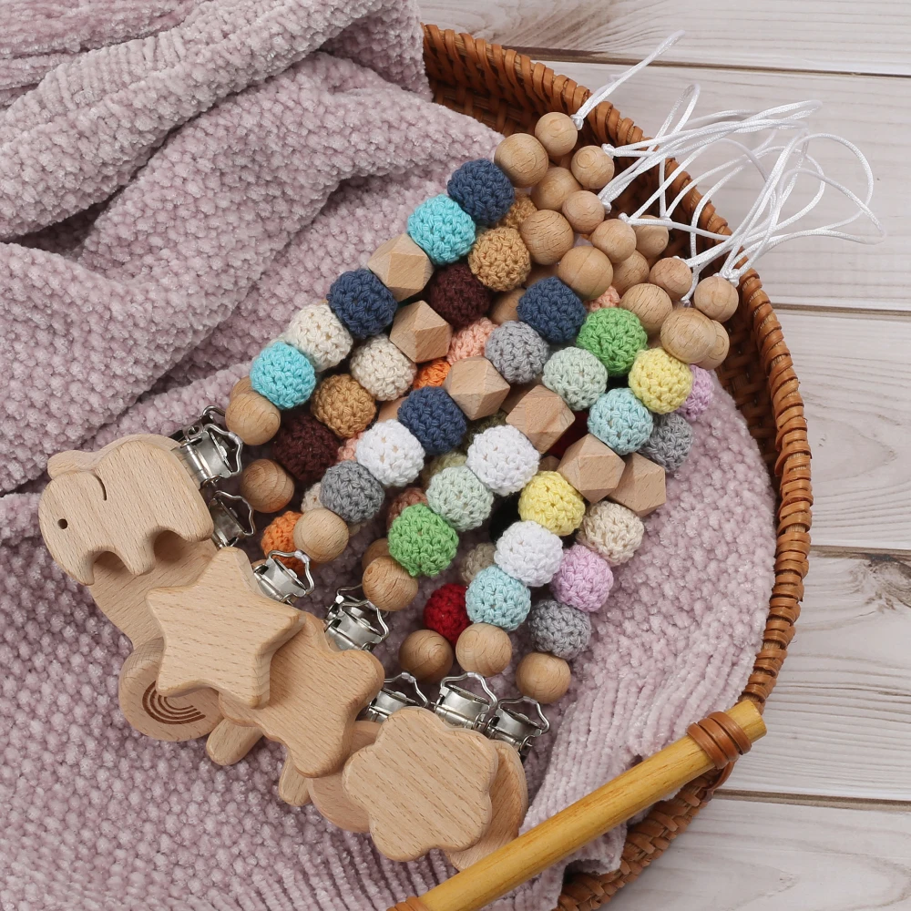 Baby Pacifier Chain Animal Bunny Elephant Heart Beech Pacifier Clip For Wood Round Felt Balls Bead Teether Nipple Chain Chew Toy