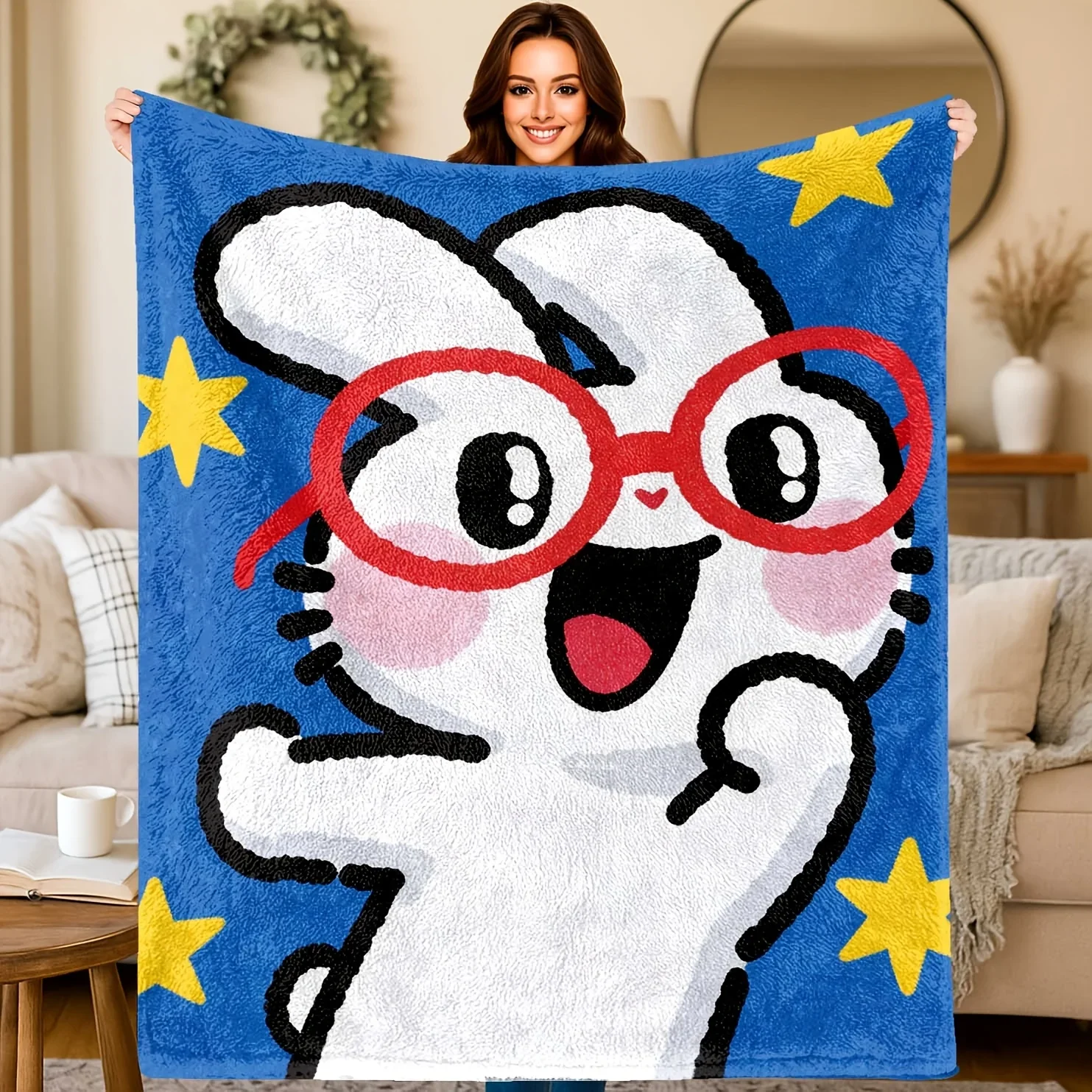 Cute Cartoon Rabbit Character Throw Blanket Blue Stars Cozy Plush Throw for Sofa Bedding Decor