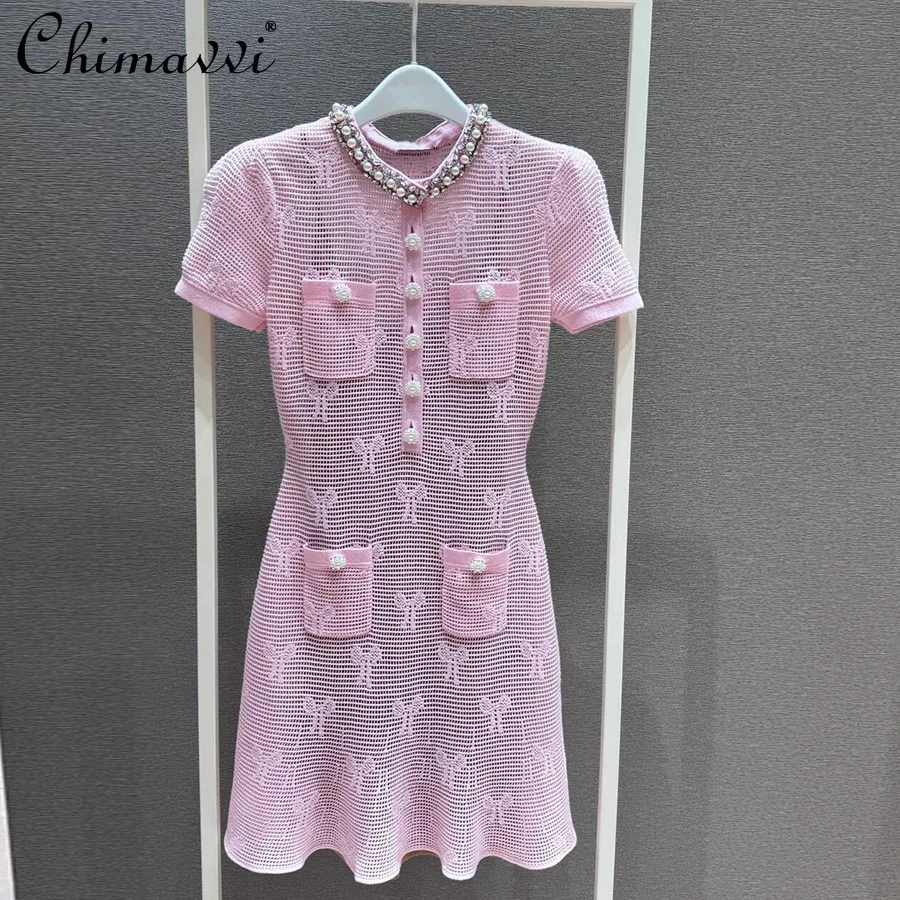 

Элитное вязаное платье-пуловер с ручной вышивкой бисером, круглым вырезом, летнее, новое, модное, с милым бантом, жаккардовое, ажурное, розовое