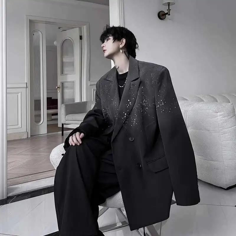 WTHT Fashion New Men‘s Gradient Graffiti Loose Blazer Coats Trendy Casual Lapel Single-breasted Long Sleeves Jackets Male 2A0199