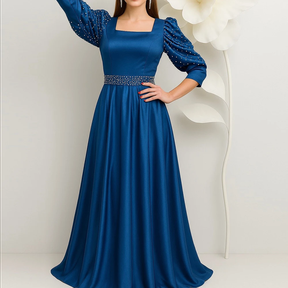 

Customized A-line Evening Dresses Floor-length Square Collar Three Quarter Sleeve Prom Gown Fashion Crystal Draped Party Gown