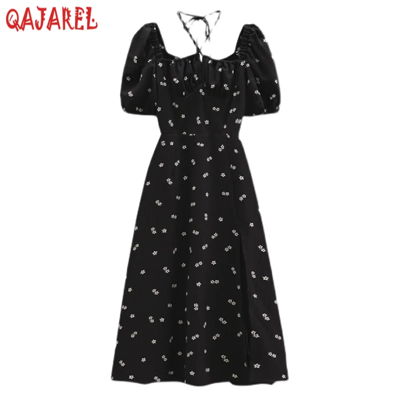 فستان متوسط الطول بياقة مربعة زهرية للنساء ، كوري كلاسيكي ، هيبورن ، مثير ، أنيق ، ملاصق للجسم ، غير رسمي ، حفلة ، صيف ، أسود ، صيني #1