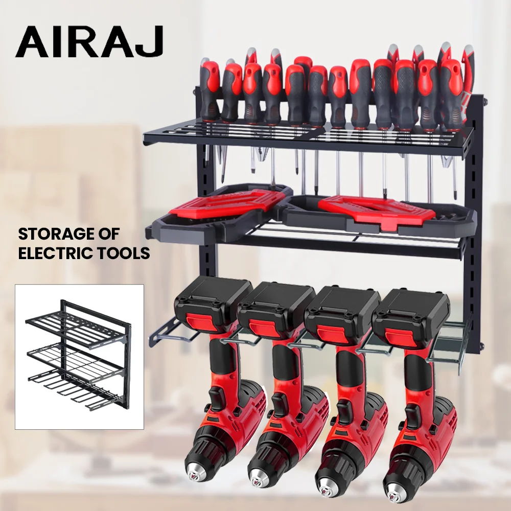 

AIRAJ Wall-Mounted 3-Tier Storage Rack For Electric Tools Adjustable Heavy-Duty Garage Tool Organizer With Cordless Drill Holder