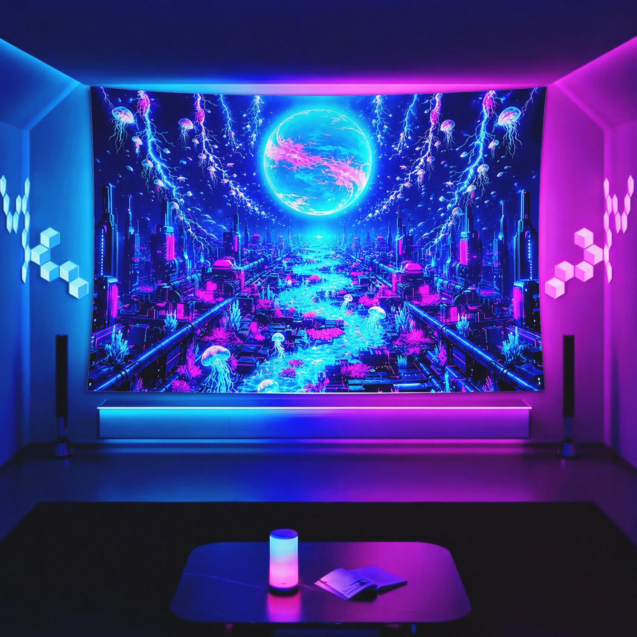 Vibrant Neon Cyberpunk Galaxy Tapestry Wall Art Hanging Sci-Fi Future Abstract Dreamscape Room Decor Backdrop Poster Aesthetic B