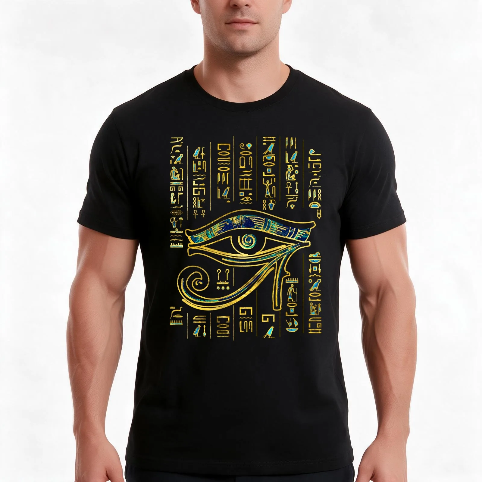 Egyptian Eye of Horuson hieroglyphics gold and marble T-Shirt, Summer Casual Cotton Tee, Oversized Streetwear Tops, 100% Cotton