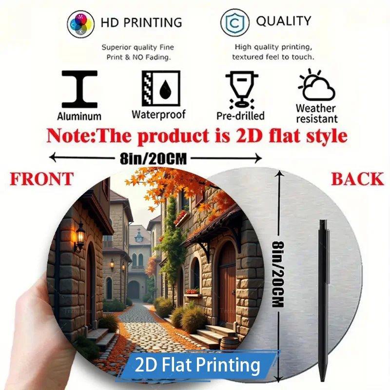 1pc 8x8inch Metal Sign Rustic Autumn Village Scene 2D Flat Metal Wall Art Decor