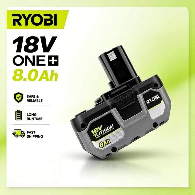 RYOBI 18V 8.0Ah high capacity battery match RB18L50 P108 P107, plug and play rechargeable lithium pack for cordless power tools