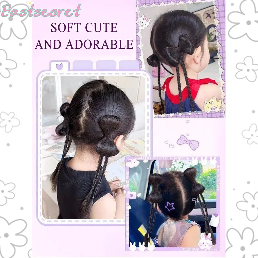 شعر مستعار اصطناعي من EAST ذيل حصان مزدوج من العجين المقلي، عقدة على شكل فيونكة، مشبك إمساك على شكل رأس كرة منفوشة مرحة