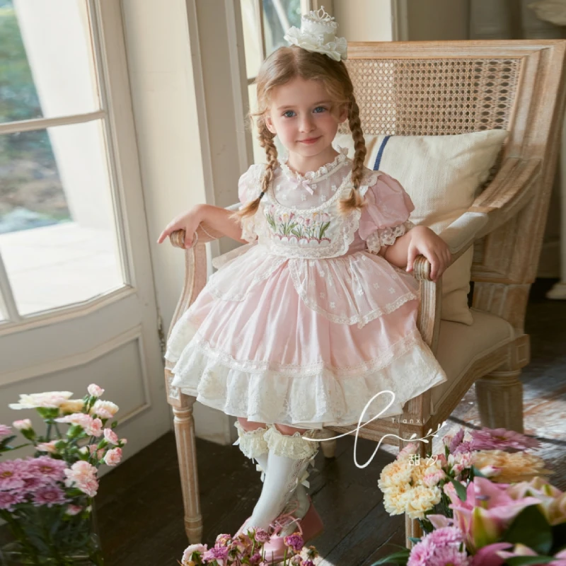 Girls Short Sleeve Lace Mesh Dress Summer New Children's Treasure Flowers Fluffy Lolita Party Wedding Christmas Dress for Kids