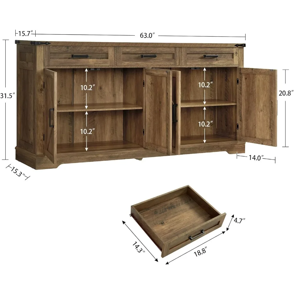 Factory Direct 2026 63 Inch Large Buffet, Cabinet Four Doors Three, Drawers Farmhouse Sideboard, Storage Coffee Bar Wine