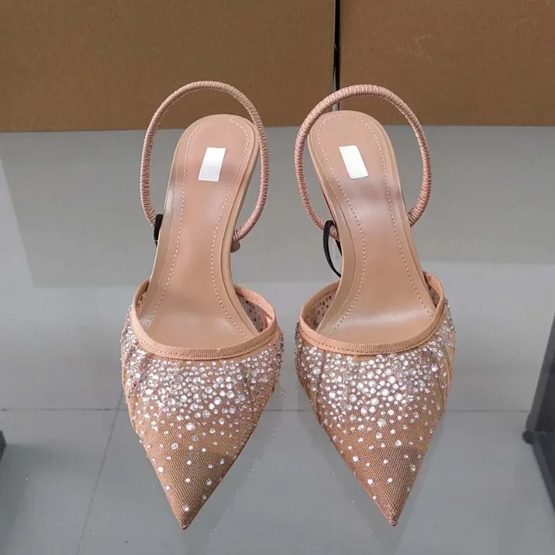 Luxury Broken Drill Diamond Mesh Fabric Women Sandals 2024 Summer Slingback Elegant Pointed Toe High Heels Fashion Lady Shoes