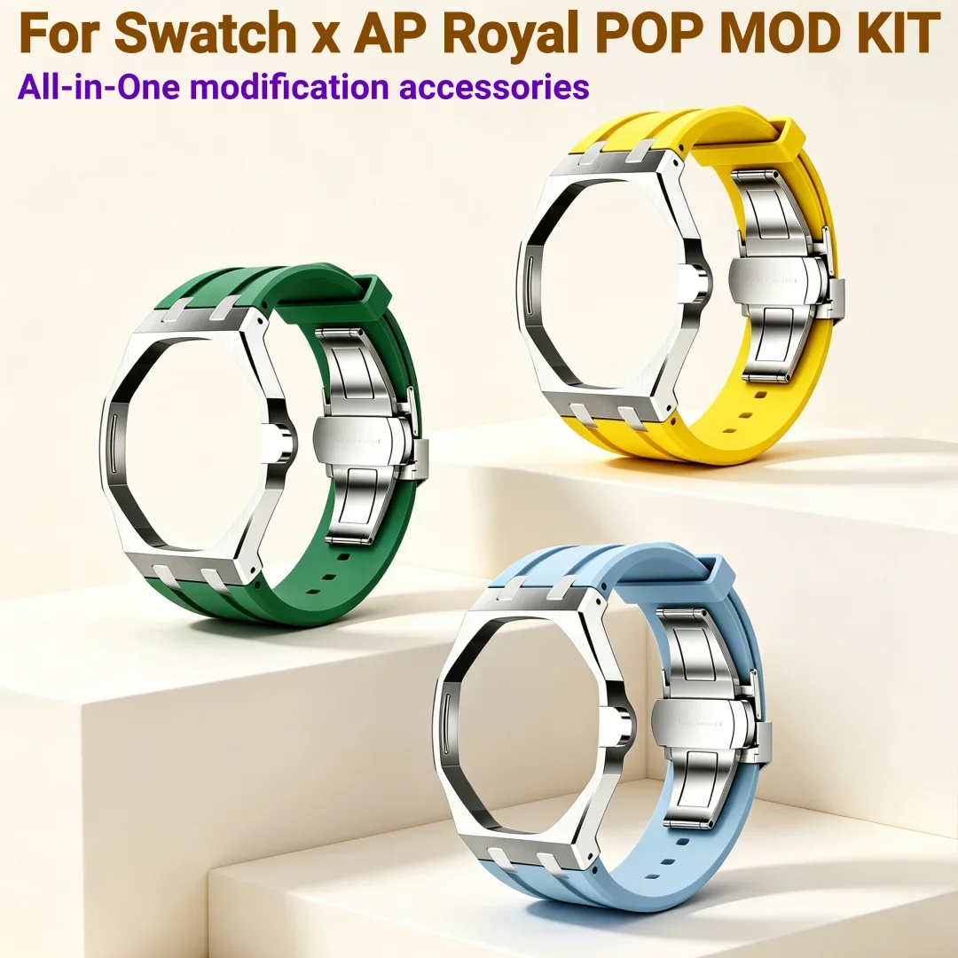 Stainless Steel Bezel Case & Rubber Band Mod Kit Compatible with SWATCH X AP Royal Oak Pocket Watch Replacement Accessories