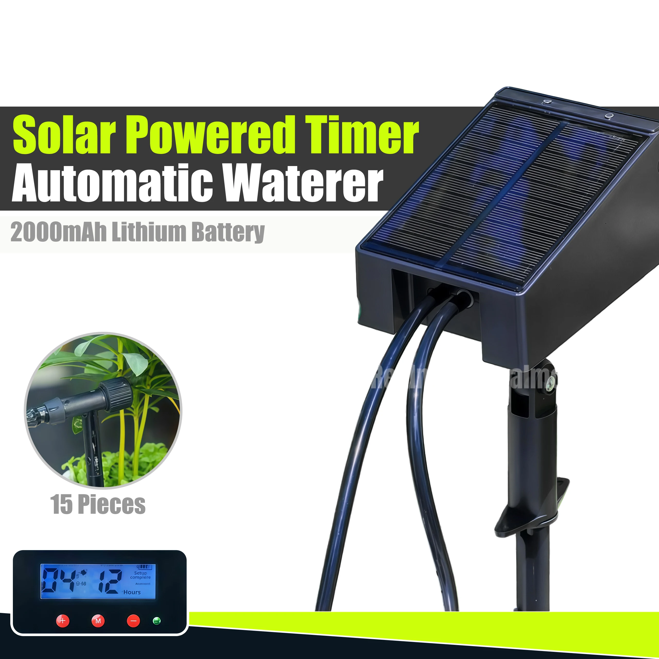 Solar Automatic Watering System Kit 15M Drip Irrigation Timer Self Watering Device for Plants Garden Greenhouse USB Rechargeable