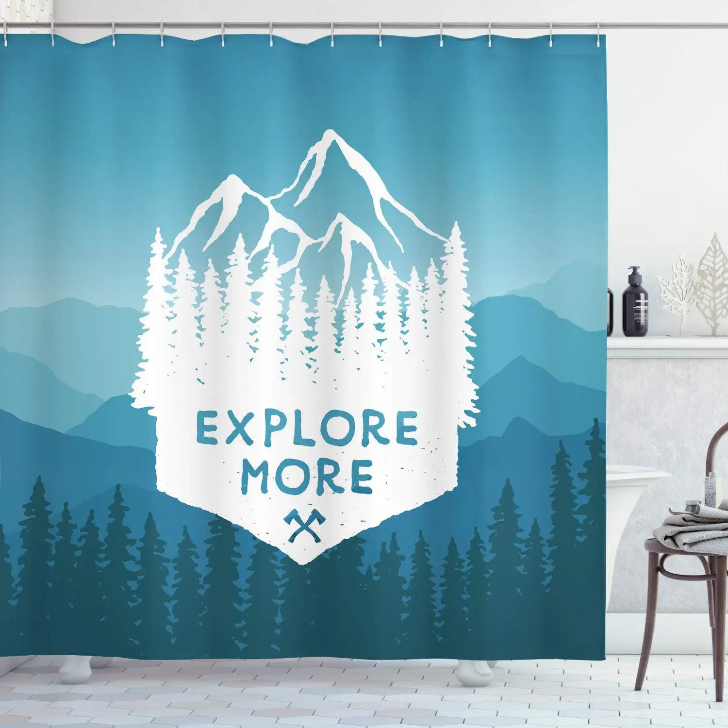 Mountain Landscape Adventure Explore More Shower Curtain Bathroom Decor Blue Forest Print Rod Pocket Blackout Curtains