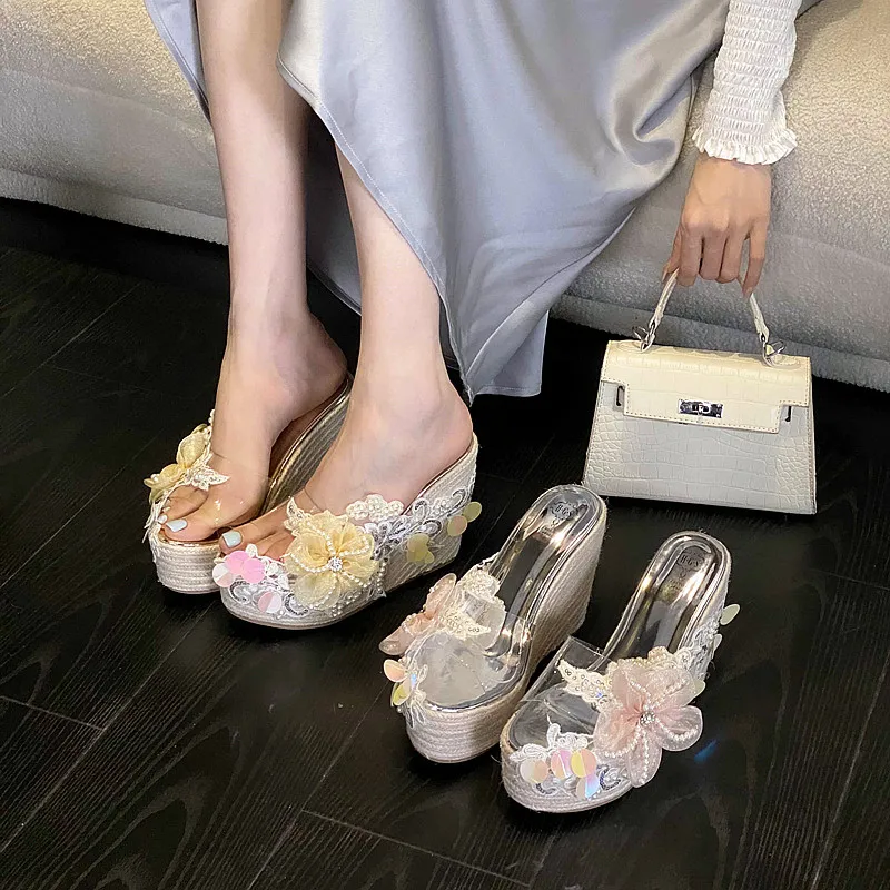 Sandal wedge platform kristal baru musim panas sepatu jari terbuka untuk wanita pakaian luar sandal wanita Bohemian anyaman ultra tinggi seksi