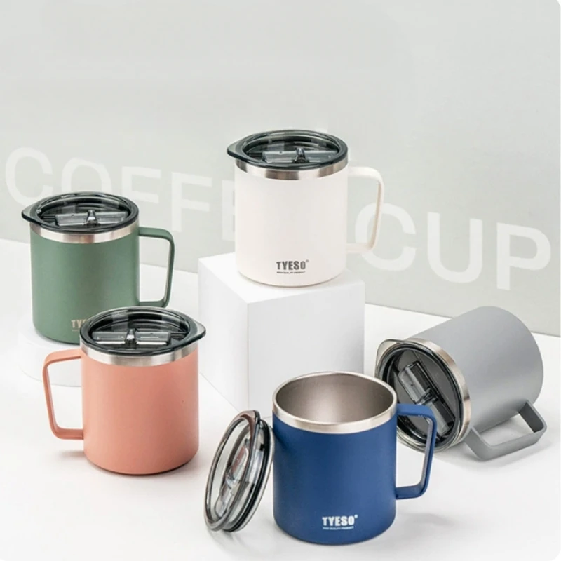 Tyeso 400ML Coffee Cups 304 Stainless Steel Mug with Visual Lid Portable Traveling Home Office Outdoor Water Cup Drinkware Gifts