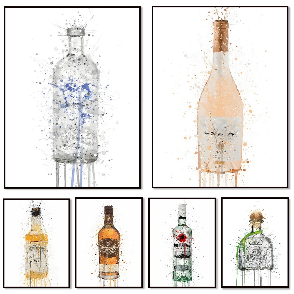 Champagne art poster, whiskey, vodka, liqueur, tomono, tequila, champagne, beer bottle watercolor splash bar decoration gift